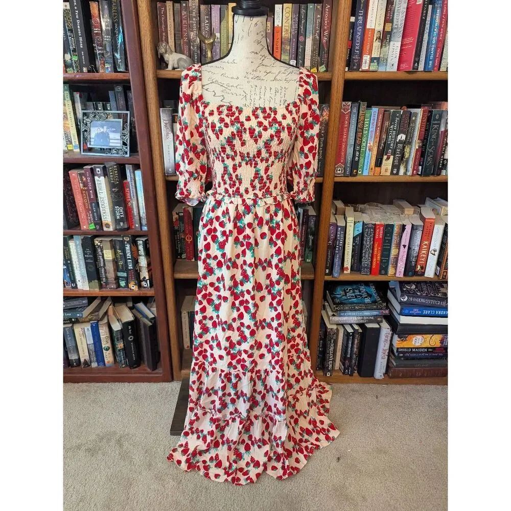 Betsey Johnson Strawberry Fields Smocked Maxi Dress Puff Sleeve Pink Cottagecore